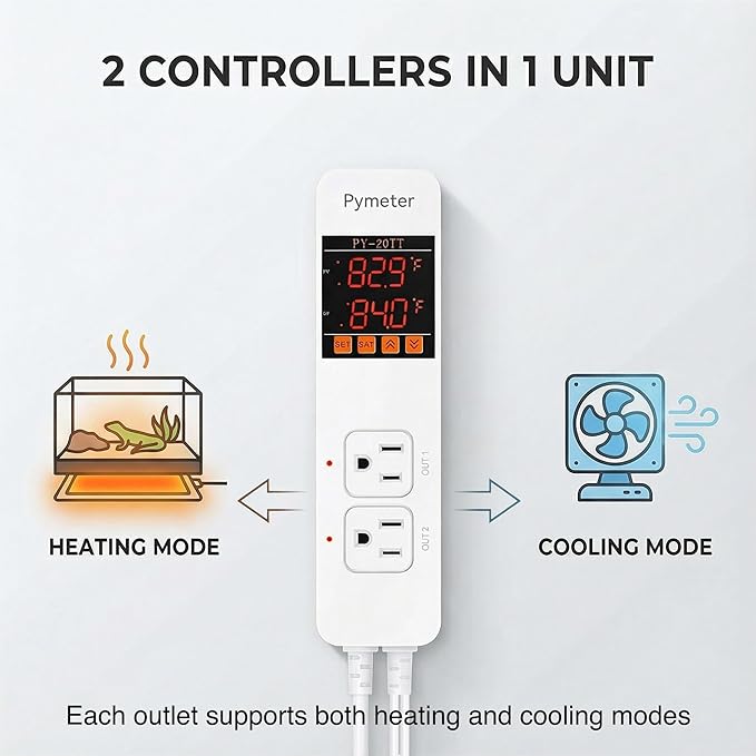 Pymeter Digital Temperature Controller Dual Probe Reptile Thermostat Controlled Outlet for Terrarium Heat Mat Heating Pad, Switch Cooling Fan Freezer Fridge ON & Off at Setpoints 10A 1200W