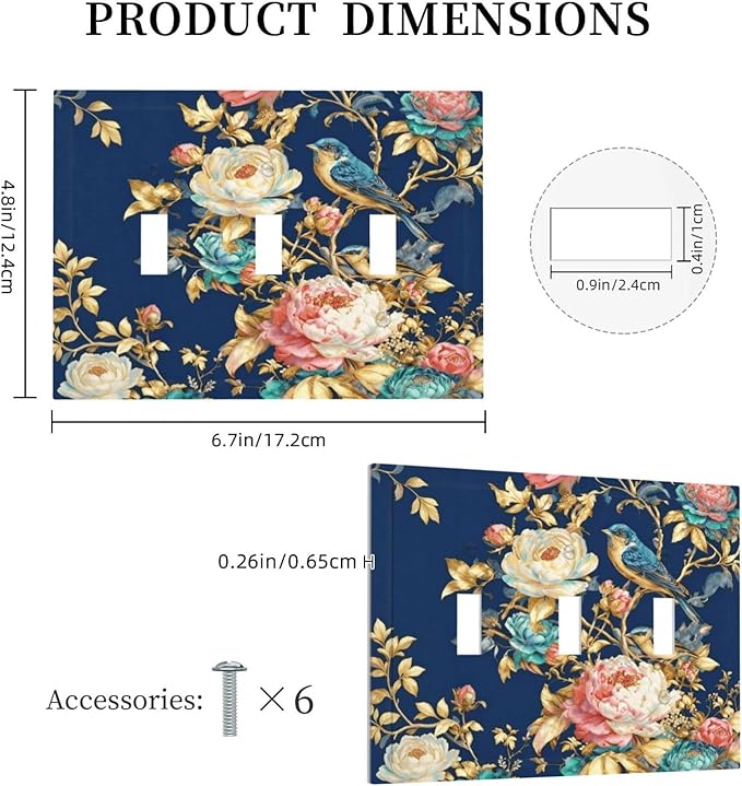 Bvtewkhz Floral Birds Morris 3 Gang Triple Toggle Decorative Outlet Covers Light Switch Plate Electrical Receptacle Switchplate For Bathroom Kitchen Bedroom