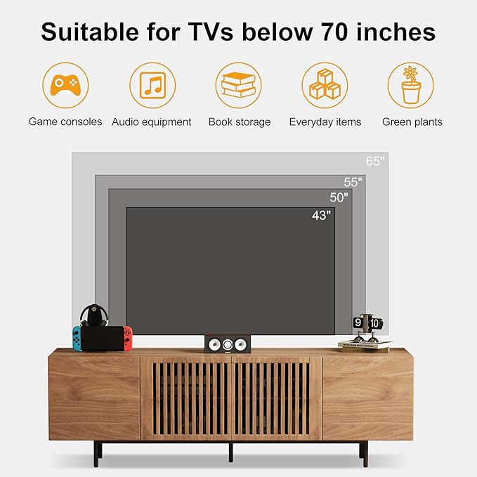 Pajiasen 70.87″ Mid Century Modern Walnut TV Stand with Grille Doors, Storage Cabinets,Entertainment Center for TVs Up to 80",Media Console for Living Room or Bedroom
