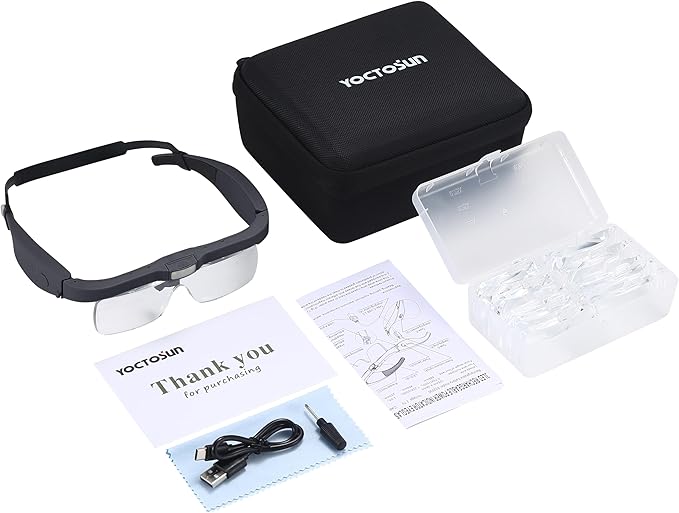 YOCTOSUN Magnifying Headset with 3 LED Lights, Storage Case, Head Strap and 5 Detachable Lenses 0.75X,1.25X,2.0X,3.0X 4.0X, Magnifying Glasses for Close Work, Jewelry, Hobby