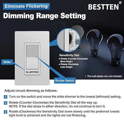 BESTTEN 10 Pack Matte Silver Dimmer Light Switch, Single Pole or 3-Way, Compatible with Dimmable LED, CFL, Incandescent and Halogen Bulb, LED Slide Dimmer Wall Switch, 120VAC, UL Listed