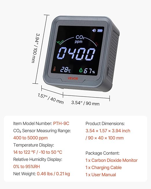 VEVOR Carbon Dioxide Monitor, CO2 Controller with Temperature and Humidity Display, NDIR Sensor, Carbon Dioxide Detector for Bedside, Home, Office, Car, Lightweight & Portable