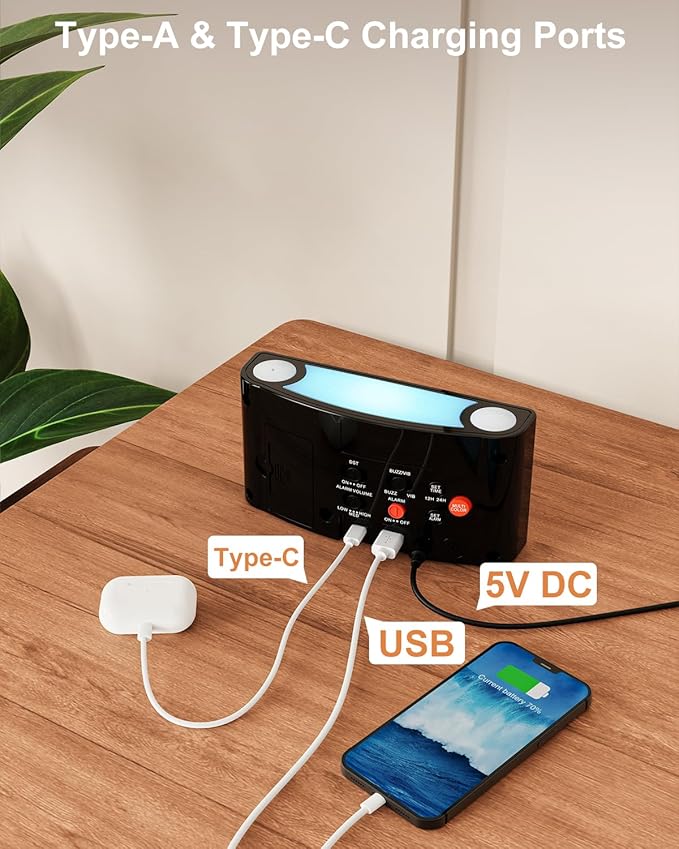 Mesqool Wake Up on Time: Vibrating Alarm Clock with Bed Shaker, Loud Sound & Color Display – USB Charging, 8-Color Light, Battery Backup – Great for Heavy Sleepers, Seniors & Hearing Impaired