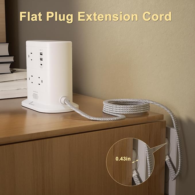 Overtop Tower Power Strip with Surge Protection, Nightlight Flat Plug Power Strip with 7 AC Outlets 3 USB Ports, 1625W/13A 1600J, 6.5Ft Extension Cord with Multiple Outlets, Office Supplies, Dorm