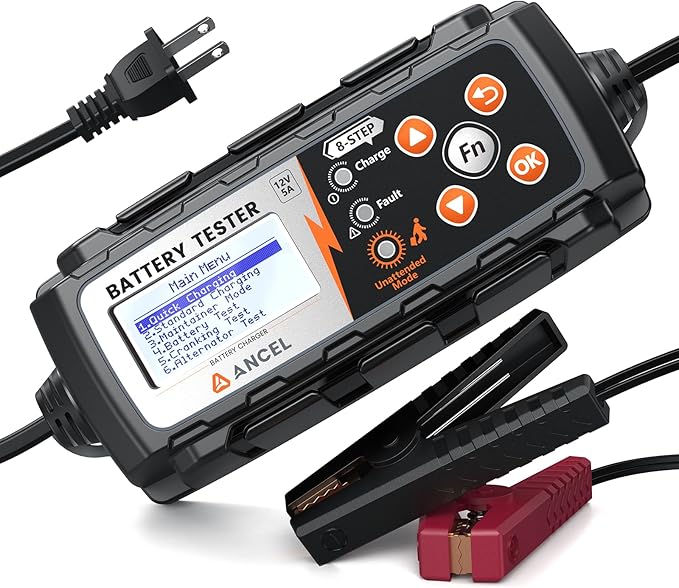 ANCEL BT521 4-in-1 Car Battery Charger, Tester, Maintainer and Desulfator for 12V Lead-Acid Batteries, 5A Smart Trickle Charger with Overcharge Protection & Temperature Compensation, LCD Display