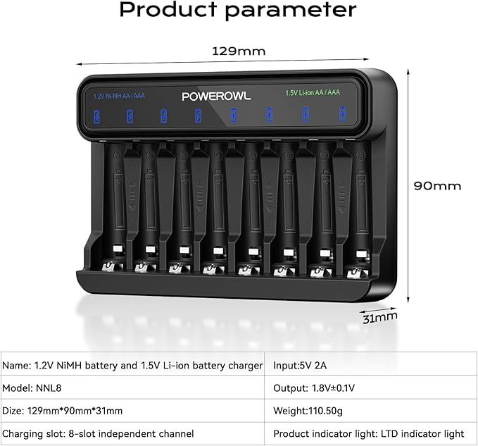 POWEROWL Smart Battery Charger for AA AAA Ni-MH/1.5V Lithium Rechargeable Batteries, Type-C Input, 8-Slot