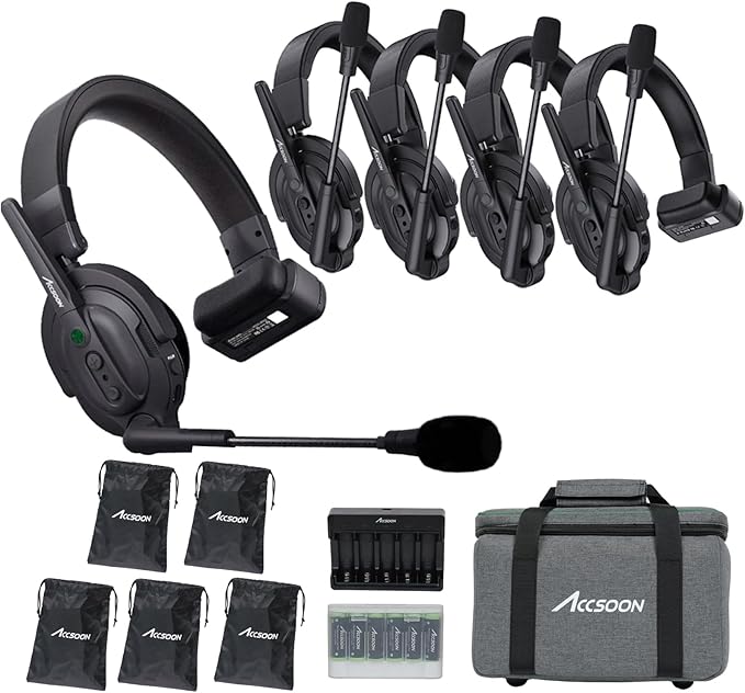 Accsoon Como MIC02-1H4R Wireless Headset Intercom System 5-Person Full Duplex 1312ft Team Communication Group Talk, Links up to 9-Person, 10+Hour Battery Life