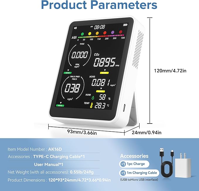 16 in 1 Air Quality Monitor Indoor 9 +7 AQI Alerts, CO2 Monitor Air Quality Tester for CO2, TVOC, PM2.5 PM1.0 PM10, HCHO Temperature Humidity AQI & Time Air Quality Meter for Home (Floral White)