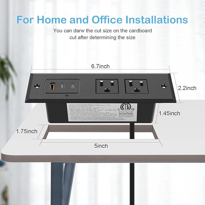 CCCEI Recessed Power Strip with Two USB-C Ports, Fast Charging USB A Port Desk Outlet, Black Furniture Hidden Charging Station for Side Table, End Table, with 10 FT 45 Degree Flat Plug Extension Cord.