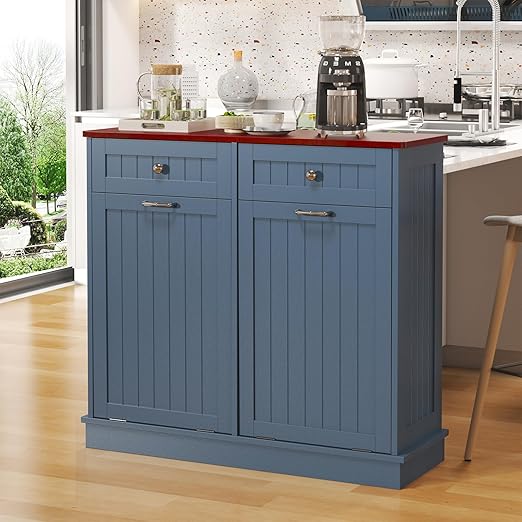 Tilt Out Trash Can Cabinet with Double Hidden Trash Bin Holder, Kitchen Free Standing Recycling Cabinet,Dog Proof Trash Can,Wood, Blue