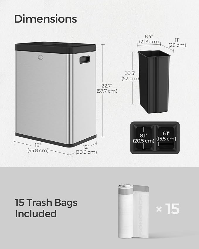 SONGMICS 2 x 6.6 Gallon Open Top Trash Can, Dual Compartment Garbage Can for Waste and Recycling, Stainless Steel, Trash Bin for Office, Restaurant, Commercial Use, Metallic Silver ULTB710E50