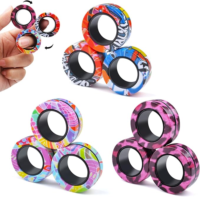 Cevioce 9Pcs Magnetic Rings Fidget Toy Set, ADHD Anxiety Magnetic Fidget Toys Adults Fidget Spinner Rings for Relief, Valentines Day Gifts Gifts for 8+ Year Old Teen Boy Girl Easter Basket Stuffers C