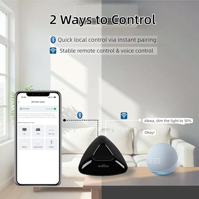 BroadLink Universal IR/RF Remote RM MAX, Wi-Fi & BLE Smart Hub for TV/AC/Blinds, Voice Control, Compatible with Alexa & Google Assistant, Local Control & Fast Setup