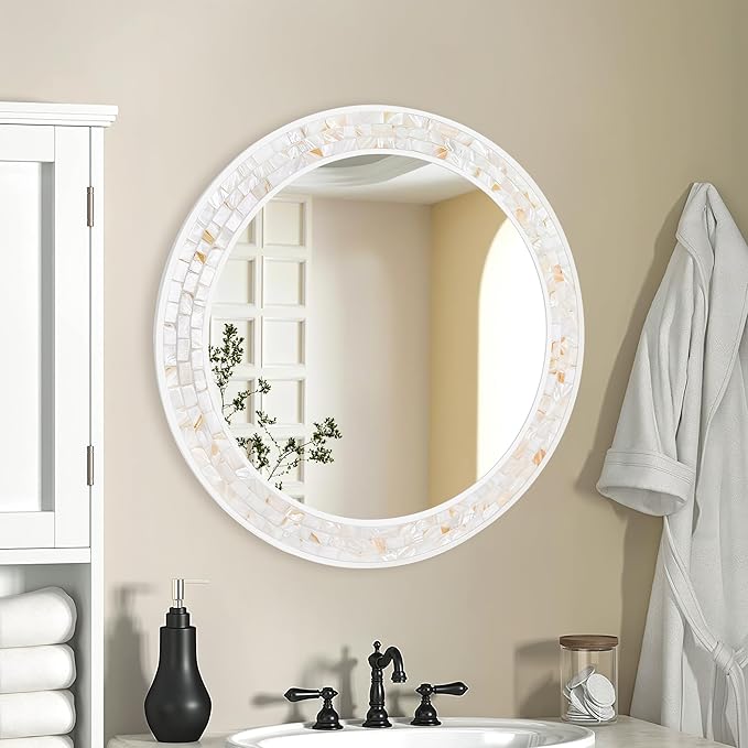 Tanmicoshomy Round Bathroom Mirror 26 Inch, Circle Mirror with Natura Shell Inlay Frame, Decorative Round Mirror for Bathroom Bedroom Living Room Entrayway