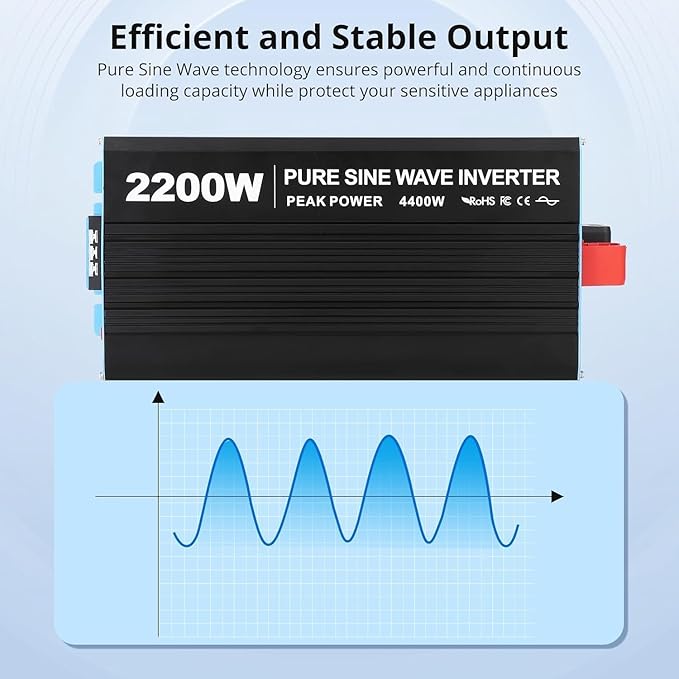 2200W Pure Sine Wave Inverter,1 USB Port 5v/2.4a,LCD Display&Remote Controller for Home, RV, Truck