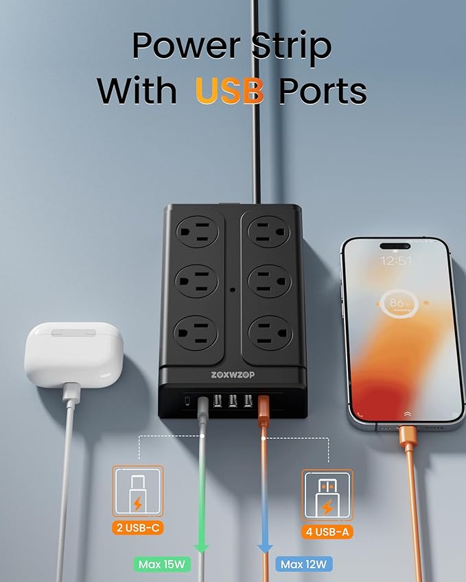 Zoxwzop Surge Protector Power Strip – 10FT Extension Cord with 12-Outlet 4 USB-A & 2 USB-C Ports, 1850W/15A, Flat Plug, Wall Mountable – ETL Listed for Home, Dorm Room