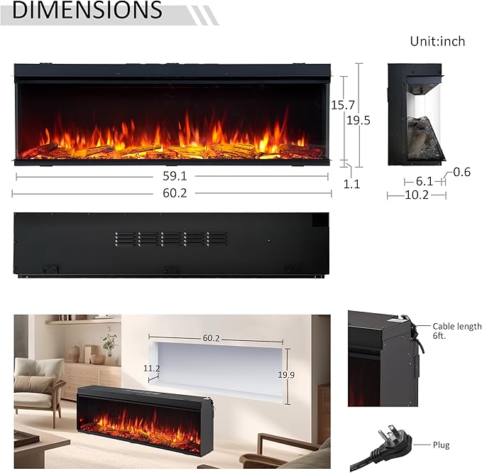 Legend Flame 59" W Smart Build in Electric Fireplace Insert, 1-2-3 Sided View, Heater 750W/1500W, Multi Colors of Flame & Fuel Bed, Alexa/Google Assistant Enabled