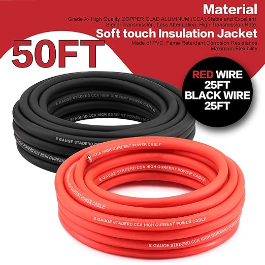 8 Gauge Wire (25ft Each - Red/Black) Copper Clad Aluminum CCA - Primary Automotive Wire,Car Amplifier Power & Ground Cable, 20PCS Lugs Terminal Connectors,20PCS 2:1 Heat Shrink Tubing