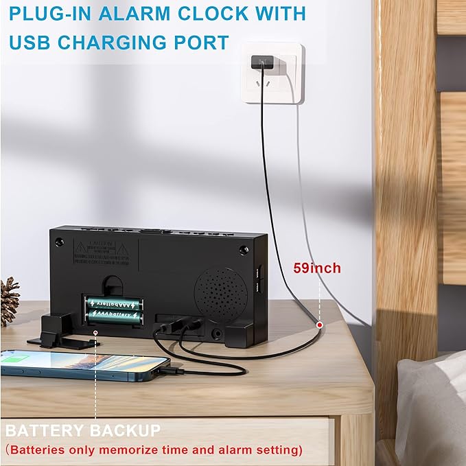 Extra Loud Dual Alarm Clock with Vibration for Bedroom,Extreme Bed Shaker Alarm Clock for Deep Sleeper Hard of Hearing Deaf,7" Clear LED Display,USB Port,Battery Backup,Easy to Set for Senior,Kids,DST