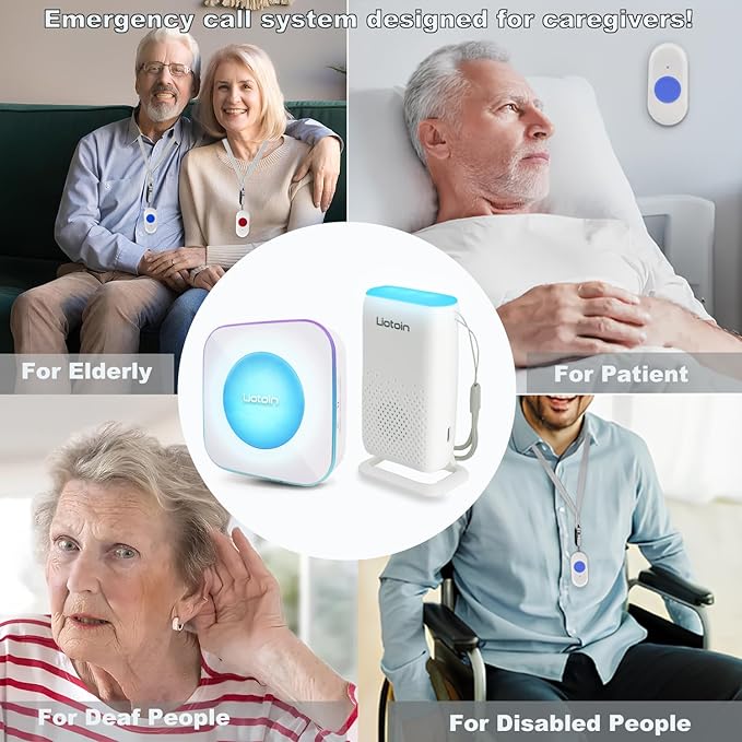 LIOTOIN Caregiver Pager Wireless Alert System - Portable Bell for Home/Elderly/Patients/Seniors - 4 Waterproof Buttons, 1 Portable Receiver, 1 Plugin Receiver