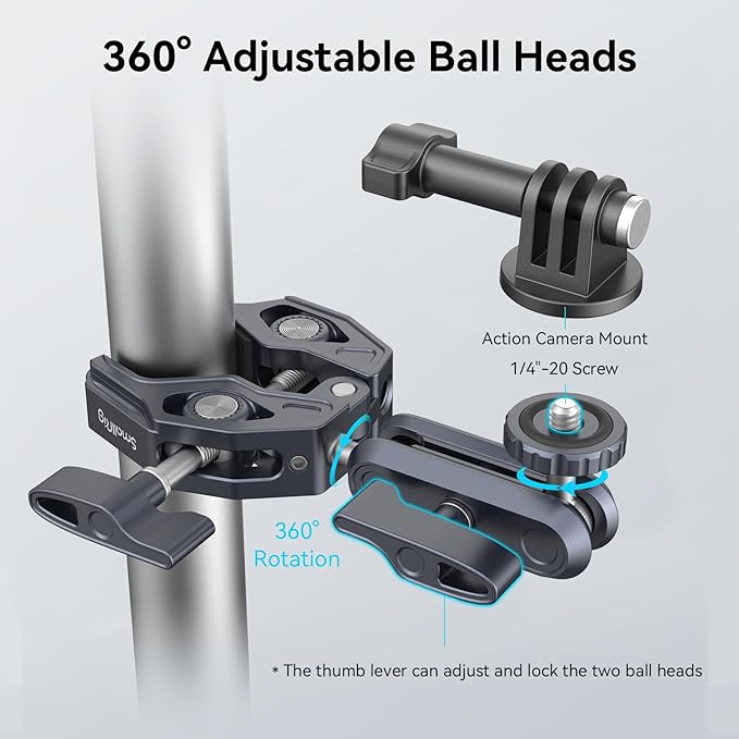 SMALLRIG Camera Mount Clamp, Ballhead Magic Arm and Adapter for Gopro, Camera Monitor Mount with 1/4"-20, 3/8"-16 Threaded Holes, Super Clamp for Gopro/DSLR/Stabilizer