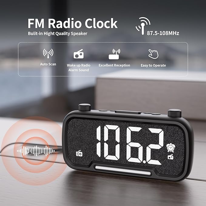 OnLyee 5-in-1 Alarm Clock Radio – FM Radio, Hi-Fi Speaker Sound, Bluetooth Speaker, Auto-Off Timer, Night Light, Dual Charging Ports – Ideal for Bedrooms, Dorms & Home Offices (Black)