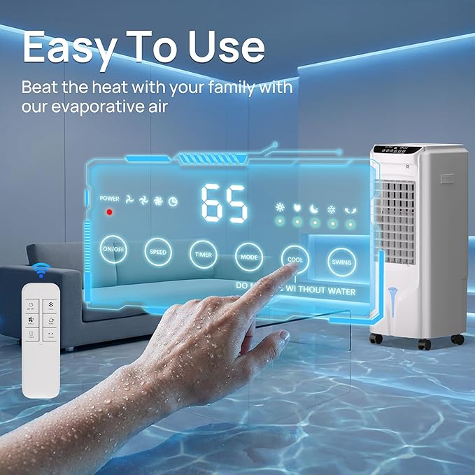 YEW 32" Evaporative Air Cooler,1800CFM Swamp Cooler Air Conditioner with 4.2 Gal Tank,Windowless Swamp Cooler with Remote,3 Speeds,12H Timer,Fans that Blow Cold Air for Bedroom Indoor Office