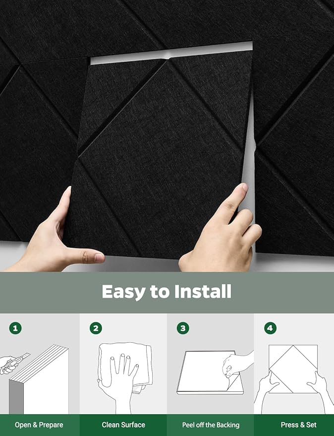 Topnaca Decorative Acoustic Soundproof Walls Panels for Room, 12 Pack Blcak Self Adhesive Sound Absorbing and Noise Reducing Tiles for Studio, Bedroom, Home Office, Ceiling, Pared, 12"x12"x0.4"