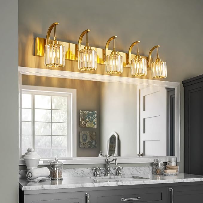 FDPBY 5-Light Crystal Vanity Light, Modern Gold Bathroom Wall Sconce with K9 Crystal Shades, 42.51" Long Over Mirror Lighting for Vanity, Makeup, Hallway, Elegant & Easy Installation