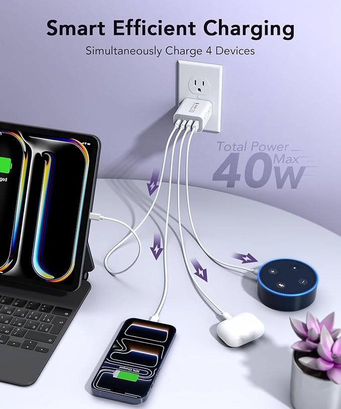 40W USB C Charger Block, 2-Pack 4-Port Type C Fast Charging Brick Dual PD&QC Wall Plug Adapter Compatible for iPhone13/14/15/16/17 Pro/Pro Max/iPad, Airpods, iwatch, Samsung Galaxy