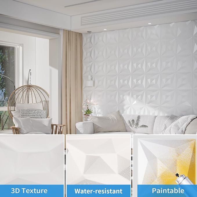 Greymond White PVC 3D Wall Panels, 33 Pack 11.8''x11.8''Geometric Design for Modern Home Decor Upgrade, Textured Tile Decorative & Paintable for Living Room Lobby Bedroom Hotel Office