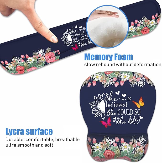 Mouse Pad Wrist Support and Keyboard Wrist Rest Set with Coasters, She Believed She Could So She Did Inspirational Quote with Non-Slip PU Base Ergonomic Mousepad for Computer Laptop Home Office