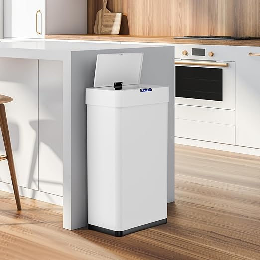 AthLike Sensor Trash Can, Touchless Motion Sensor Trash Bin, Smart Automatic Garbage Can with Soft-Close Lid, Bag Retainer Ring and Display Light,for Kitchen,Living Room Office (White, 18.5 Gal)