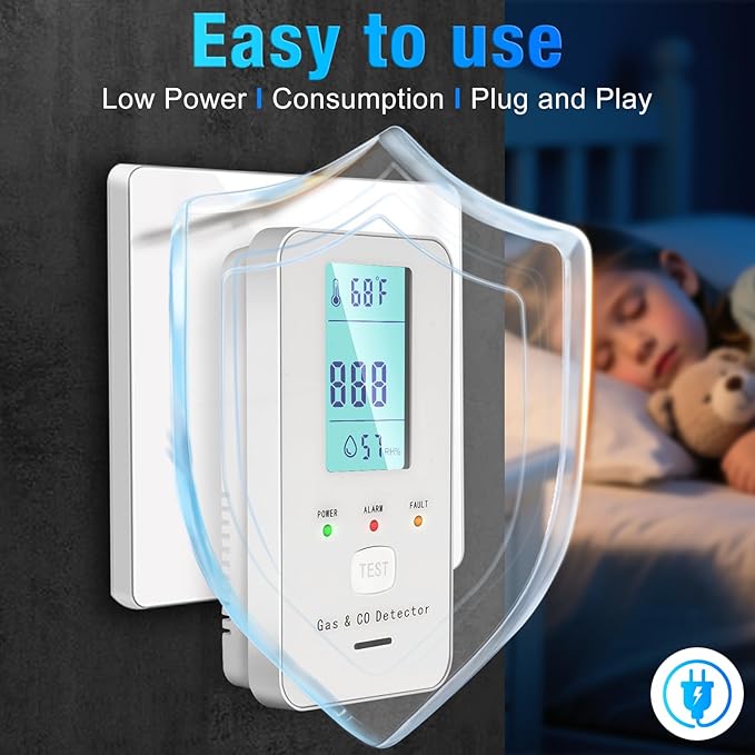 4in1 Combustible Natural Gas & Carbon Monoxide Detector, CO Leak Detector Home Air Quality Monitor with Digital Display for Temperature and Humidity, Kitchen & RV Alarm (Black)