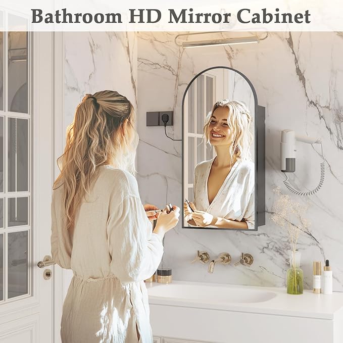 16x 32 inch Bathroom Cabinet with Mirror,Black Arched Medicine Cabinet with Outlets,Vanity Mirror with Storage,Metal Framed Wall Mounted Medicine Cabinet with Adjustable Shelf