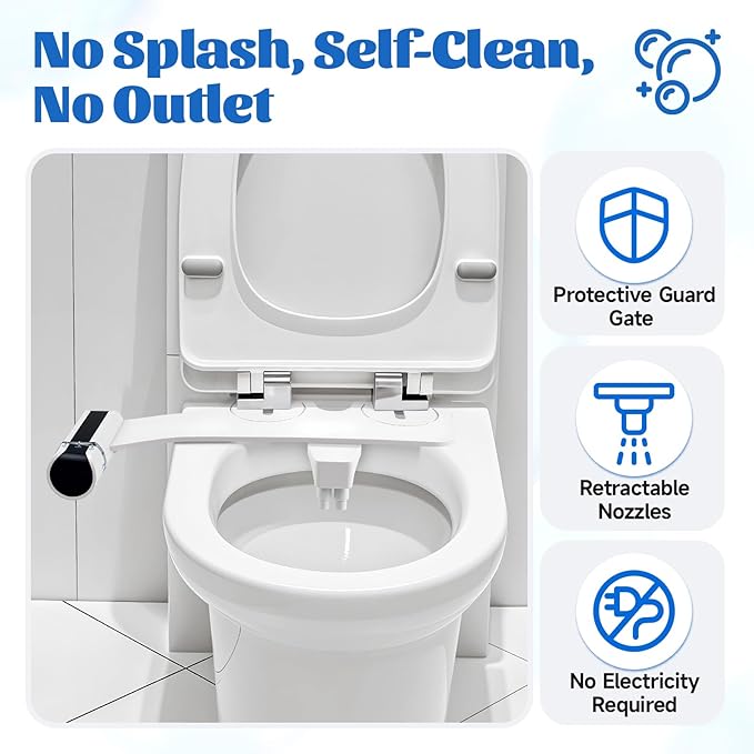 Bidet Attachment, Self-Cleaning Dual Retractable Nozzles Bidet,Ultra Slim Fresh Water Non-Electric Bidet Attachment for Toilet-Seat,Adjustable Cold Water Pressure for Hygienic Rear & Feminine.