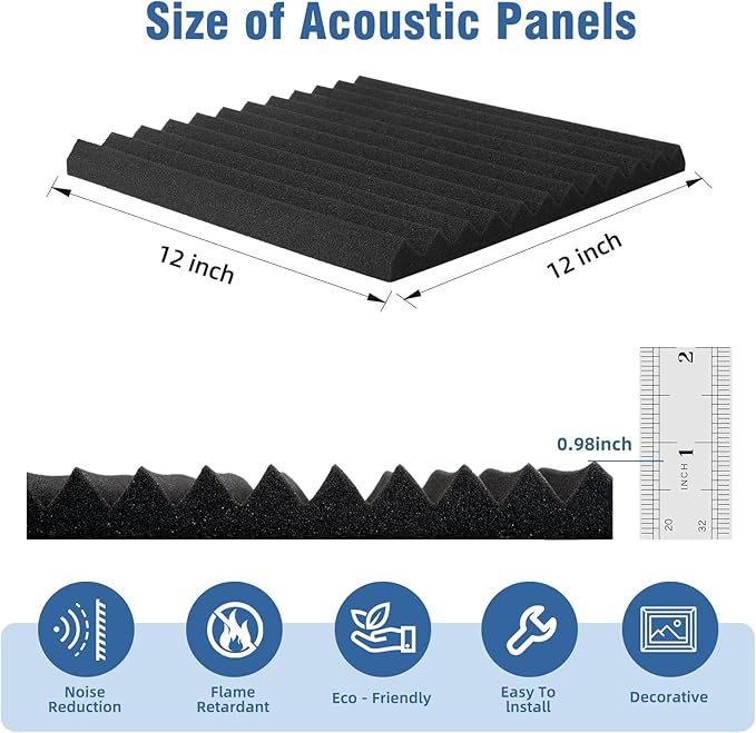 HWLIYUTAI 100 Pack Acoustic Panels 1 X 12 X 12 Inches - Acoustic Foam Studio Foam Wedges High Density Panels Soundproof Wedges Charcoal …