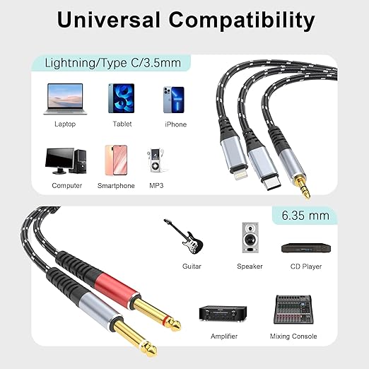 Lightning to Dual 6.35mm 1/4" TS Mono Stereo Y-Cable Splitter,3 in 1 to Dual 1/4-inch Audio Cable, Compatible with smartphones, computers, phones/Pads Amplifiers,speakers,headphones,mixing 3.3FT
