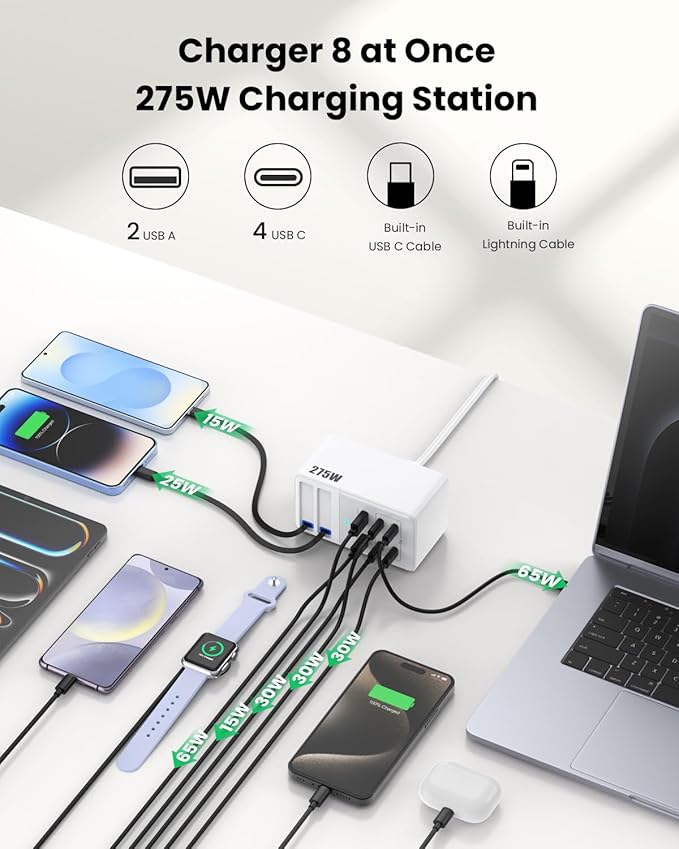 USB C Charger 275W Charging Station with Retractable Dual Cables,Upgraded 8-in-1 GaN IV Fast Charging Hub Block+PD QC PPS 65W Laptop Adapter for MacBook Pro/Air,iPad,iPhone 17/Pro,Galaxy S24,Dell