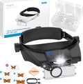 eSynic Type-C Rechargeable Magnifying Glasses Headset-Up to 13X Magnification-5 Interchangeable Lens-2 LED Lights -2 Adjustable Brightness Levels-Comfort & Fit Headband Magnifier for Reading/Jewelry