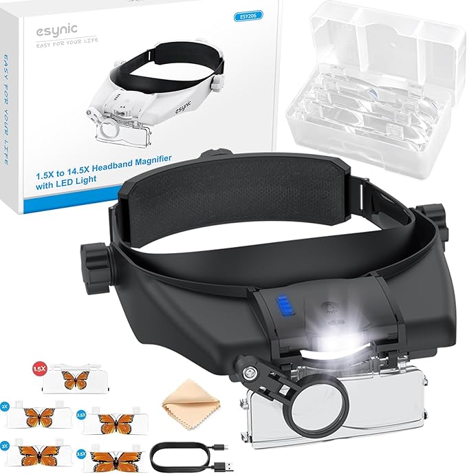 eSynic Type-C Rechargeable Magnifying Glasses Headset-Up to 13X Magnification-5 Interchangeable Lens-2 LED Lights -2 Adjustable Brightness Levels-Comfort & Fit Headband Magnifier for Reading/Jewelry