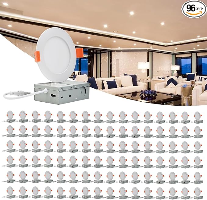 MKUJOO 96 Pack 6 Inch Ultra-Thin LED Recessed Ceiling Light with Junction Box,panel light,Daylight, 13W,2700K/3000K/3500K/4000K/5000K Selectable Dimmable Downlight ETL&FCC&CE and Energy Star Certified