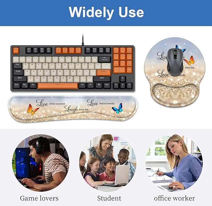 Keyboard Wrist Rest + Mouse Pad Wrist Support Set with Coasters, Non-Slip PU Base Ergonomic Mousepad for Home Office Working Studying Easy Typing & Pain Relief, Glitter Quote Live Laugh Love