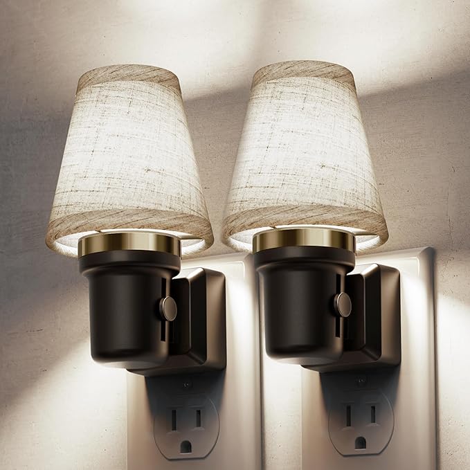 L LOHAS LED Night Lights Plug into Wall, 2 Pack Linen Fabric Round Platform Decor Night Light, Dusk to Dawn Sensor Vintage Nightlight, 5000K Daylight 0-100LM Dimmable, for Bedroom Living Room Hallway