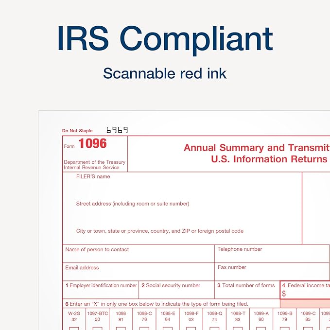 Adams 1096 Forms 2025, 1-Part Summary Transmittal Forms for 25 Recipients, Compatible with Inkjet & Laser Printers, 25 Sets per Pack, IRS Compliant (1017226)