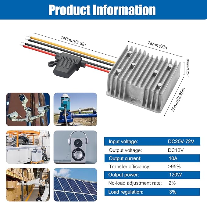 Yancincny 10A 120W 12V Golf Cart 24V 36V 48V 72V to 12V DC Converter Voltage Regulator Reducer Transformer with Fuse - Waterproof DC Step Down Converter 24V to 12-V(Input Range: 20-72V)