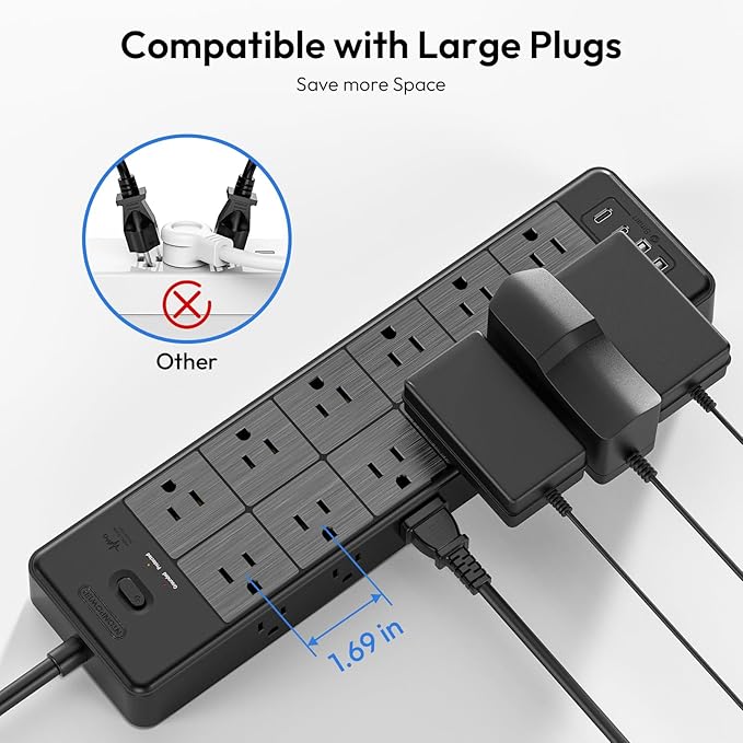 24 Widely Outlets Extension Cord 10 Ft NTONPOWER 15A/1875W Power Strips with Surge Protection 4000J,Black Extension Cord Surge Protector with 4 USB Ports(2 USB C), Wall Mount Holes for Home, Office