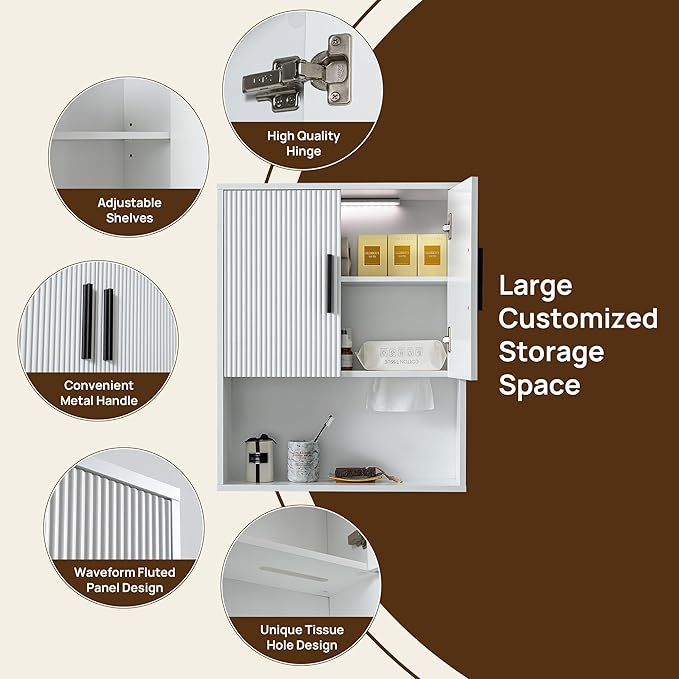 Modern Fluted Bathroom Wall Cabinet with Motion Sensor LED Light, White Over The Toilet Storage with Tissue Dispenser, Soft-Close Hanging Medicine Cabinet with Adjustable Shelves & Open Rack