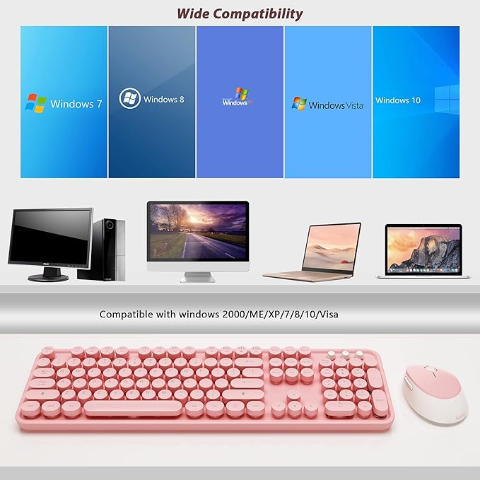 Kootop Wireless Keyboard, Cute Colorful 104 Keys Typewriter Retro Round Keycaps Keyboard for PC Laptop,Desktop,Windows, Home and Office Keyboards (Pink)
