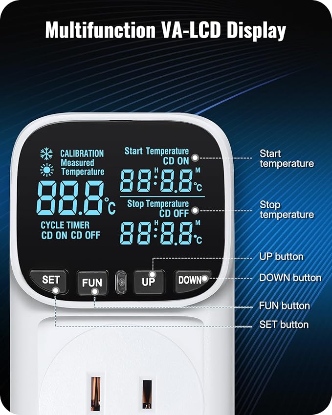 WILAWELS Digital Temperature Controller Outlet, 15A/1800W Heavy Duty Thermostat Plug, VA LCD Display, Heating/Cooling Control, -40°F~210°F, 4 Timer Modes, for Greenhouse Incubator Homebrew W01TC06